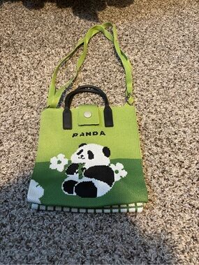 Green Panda Knit Purse with Adjustable Strap